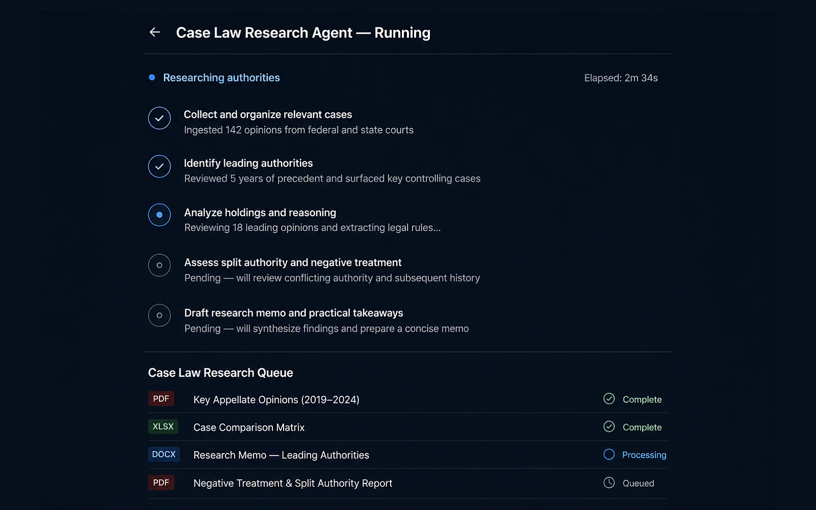 Eidmi screenshot showing the workflow output - a complete deal memo formatted in the firm's template, with the underlying review tables and intermediate analysis attached as appendices. Audit log shows every step's runtime and the partner who edited the chain.