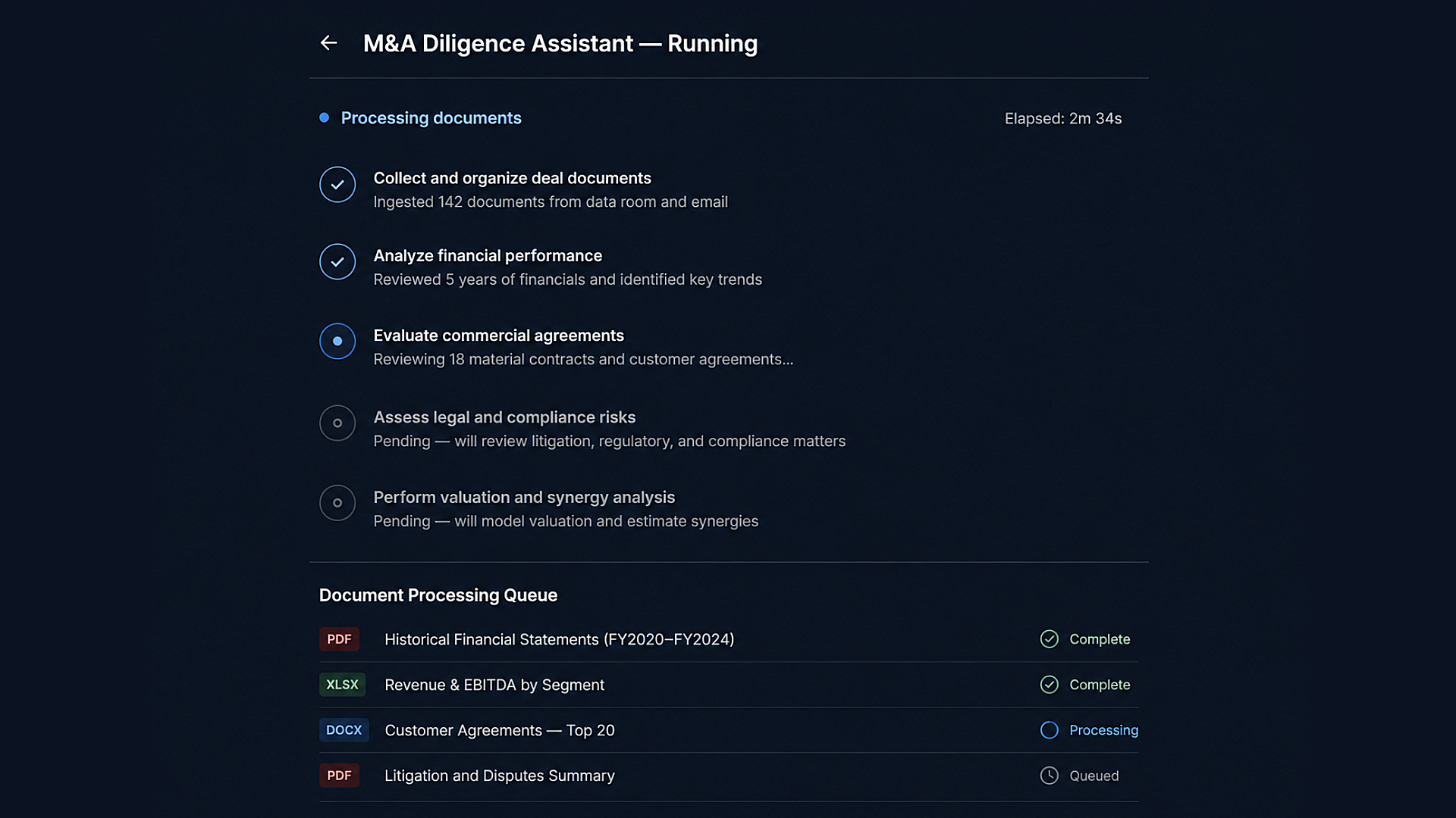 Eidmi sandbox screenshot showing the Firm-Defined Assistants picker - a partner has authored 'NDA Reviewer', 'MSA Drafter', and 'Risk-Capped Indemnity Check' assistants, and an associate is selecting one to run against a counterparty document.