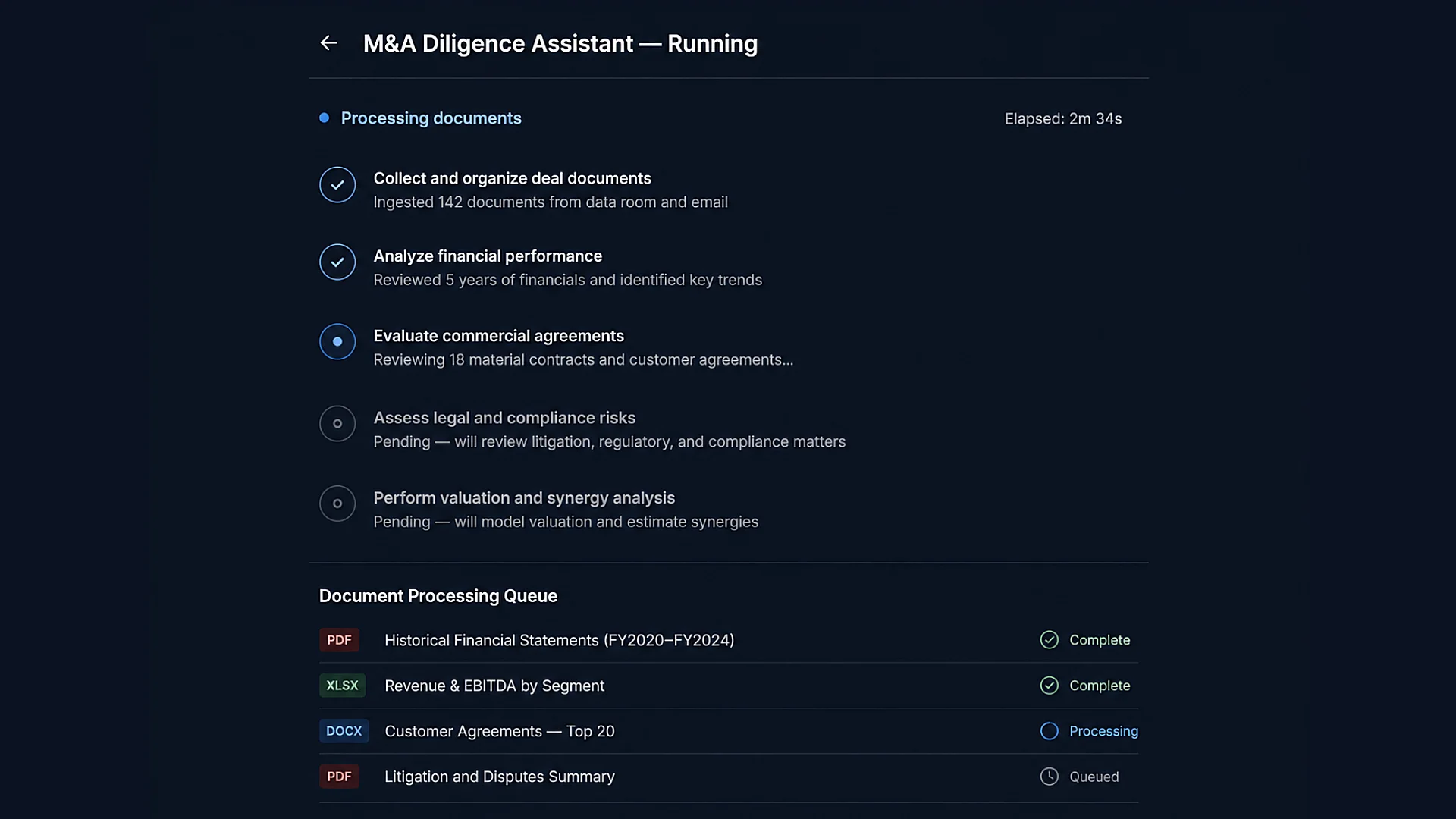 Eidmi sandbox screenshot showing the Firm-Defined Assistants picker - a partner has authored 'NDA Reviewer', 'MSA Drafter', and 'Risk-Capped Indemnity Check' assistants, and an associate is selecting one to run against a counterparty document.