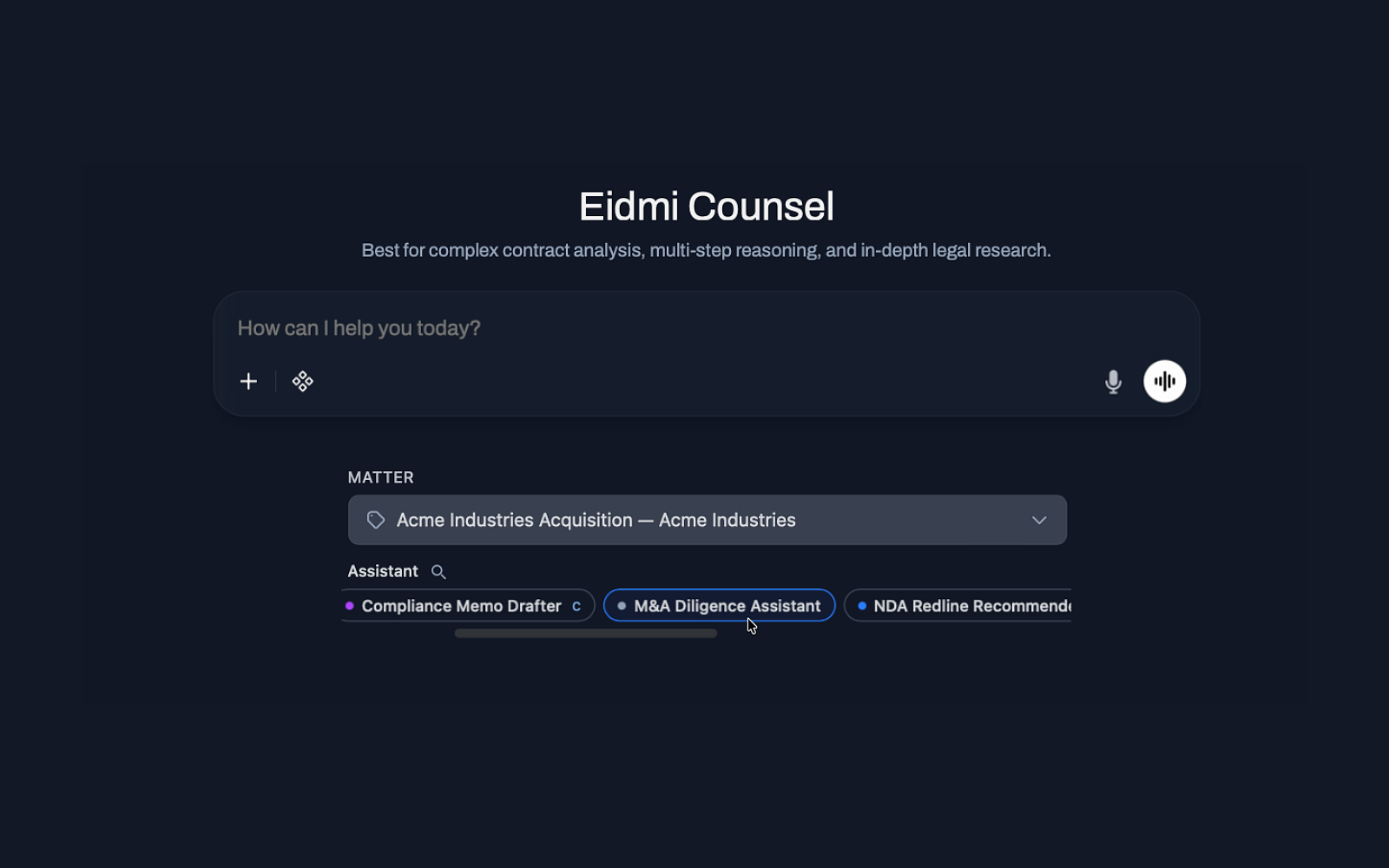Eidmi screenshot showing an associate selecting the NDA Reviewer assistant from the picker, dropping in a counterparty NDA, and clicking run - the assistant fires identically every time, no associate-by-associate prompt drift.