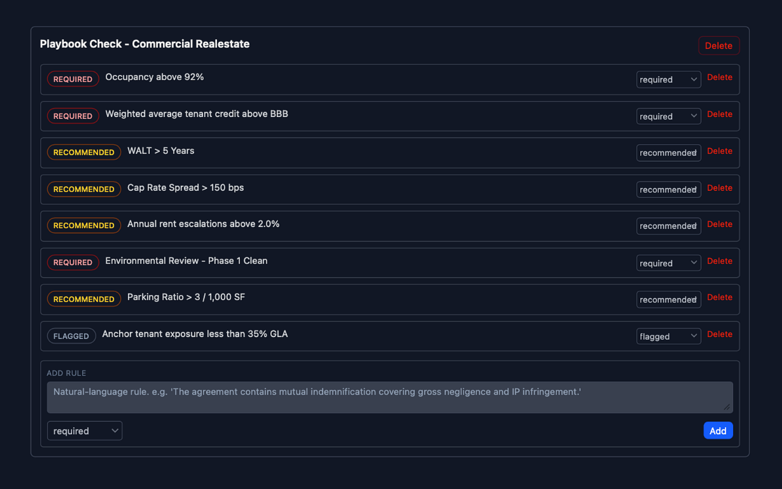 Eidmi screenshot showing the firm's risk profile or playbook editor - liability cap minimums, indemnity carve-outs, IP assignment language. The same configuration that powers single-document review.