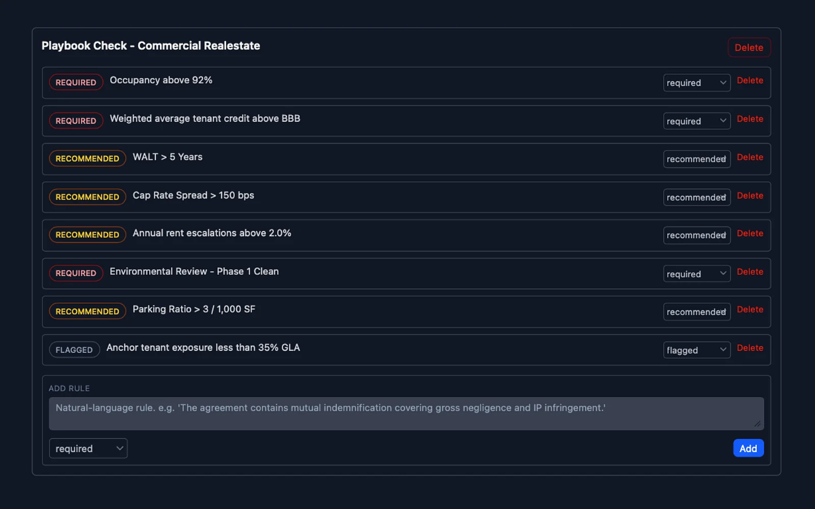 Eidmi screenshot showing the firm's risk profile or playbook editor - liability cap minimums, indemnity carve-outs, IP assignment language. The same configuration that powers single-document review.