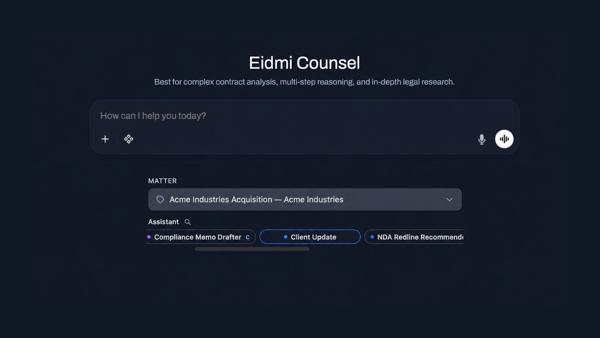 Eidmi sandbox screenshot showing a client update draft - the firm's standard four-bullet format with this week's milestones, blockers, next week's deliverables, and partner sign-off line all rendering in the firm's house tone.