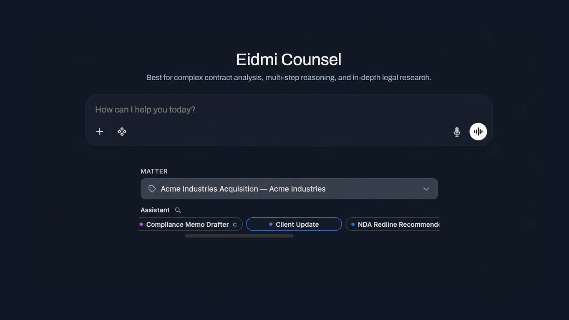 Eidmi sandbox screenshot showing a client update draft - the firm's standard four-bullet format with this week's milestones, blockers, next week's deliverables, and partner sign-off line all rendering in the firm's house tone.