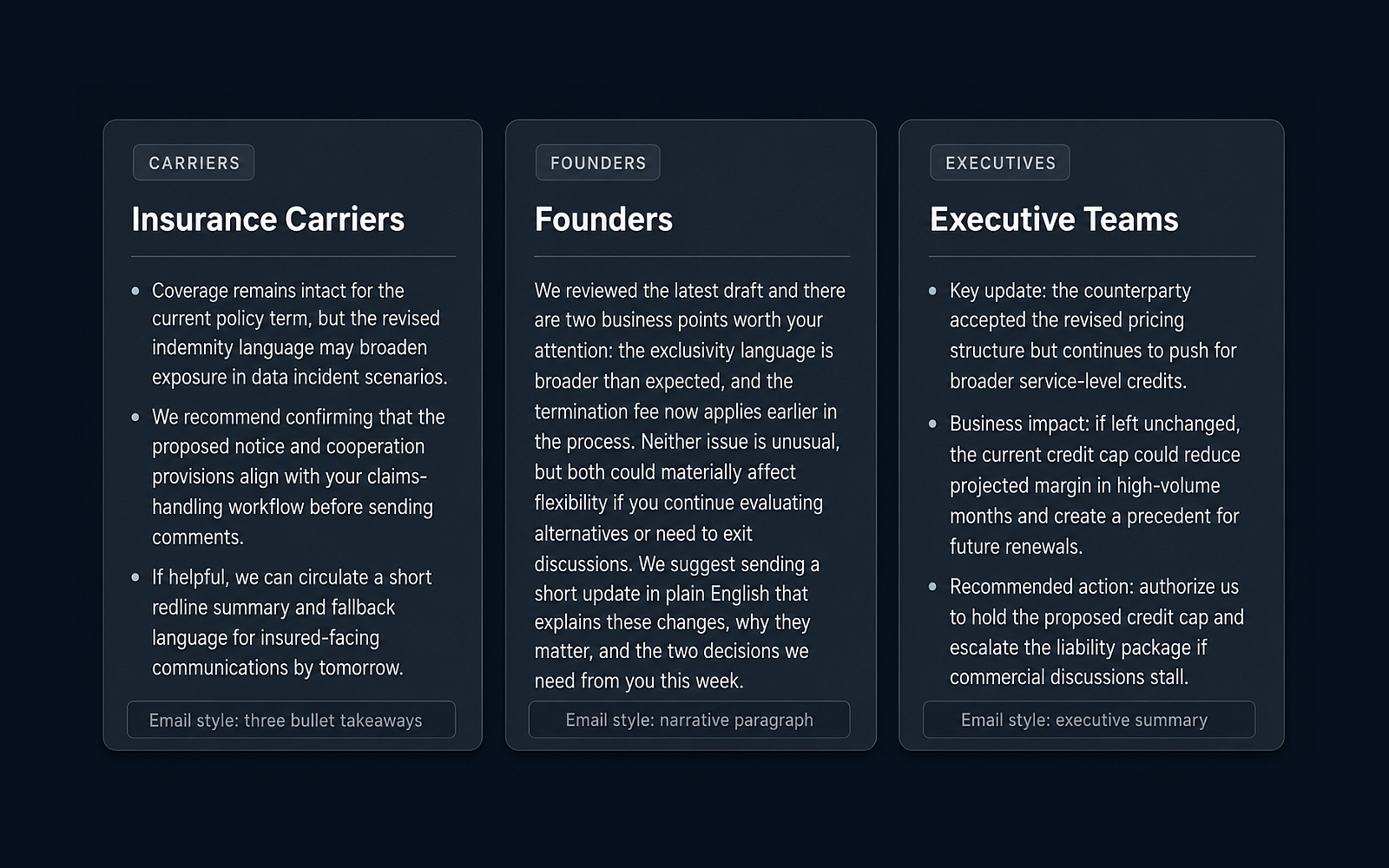 Eidmi screenshot showing different assistant variants for different client types - insurance carrier wants three bullets, founders want a narrative paragraph, the assistant matches the audience.