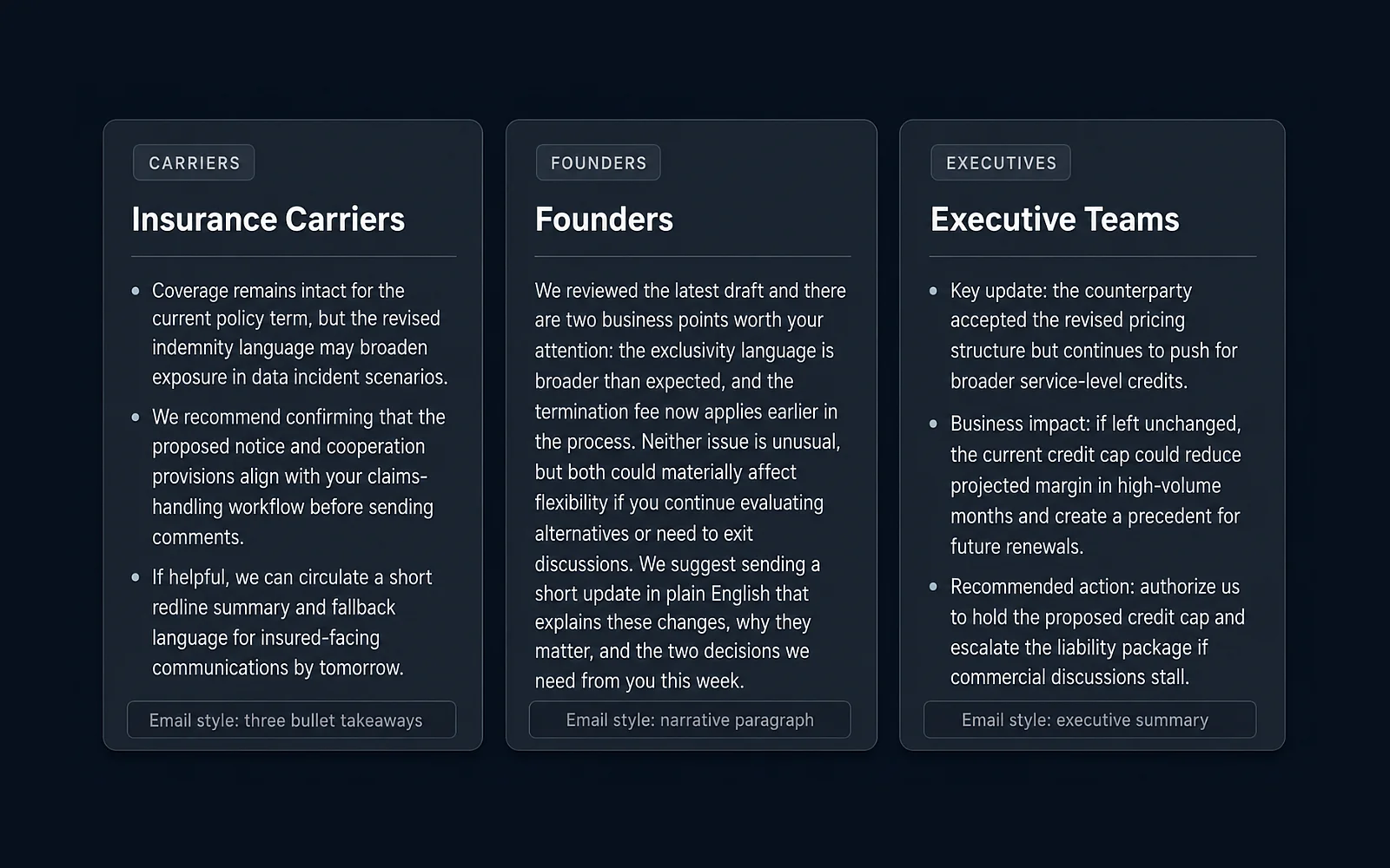 Eidmi screenshot showing different assistant variants for different client types - insurance carrier wants three bullets, founders want a narrative paragraph, the assistant matches the audience.