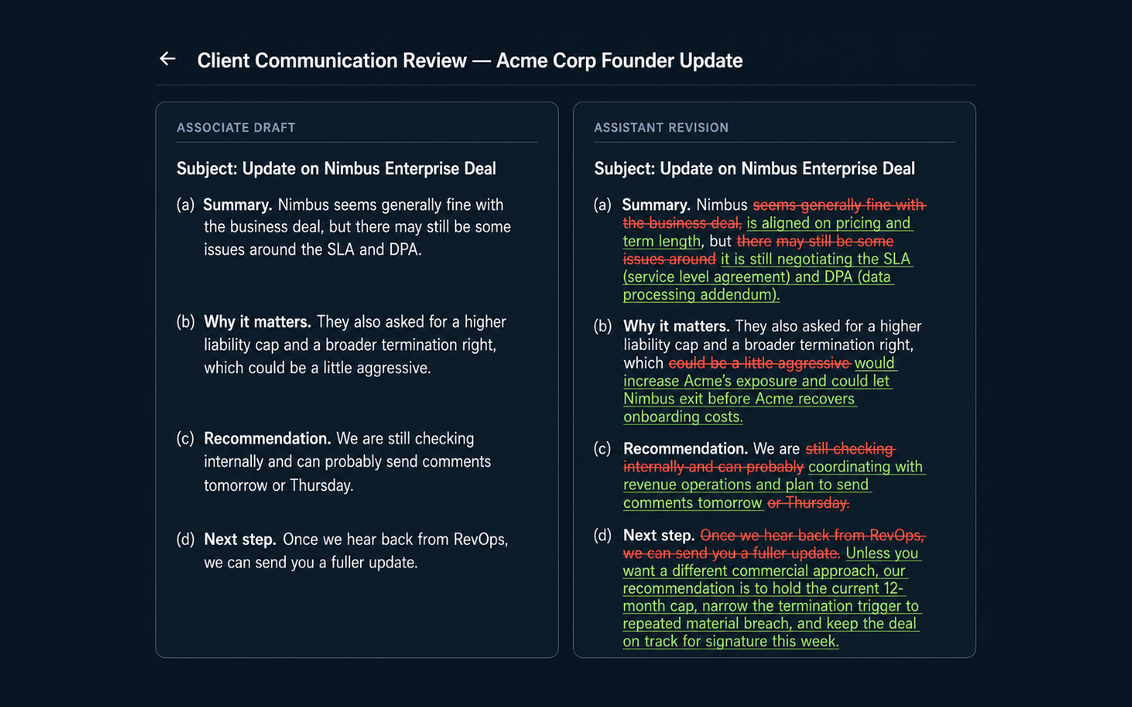 Eidmi screenshot showing a draft client email with pre-flight checks running - hedging language flagged, undefined acronyms surfaced, missing context noted, all before the partner reviews.