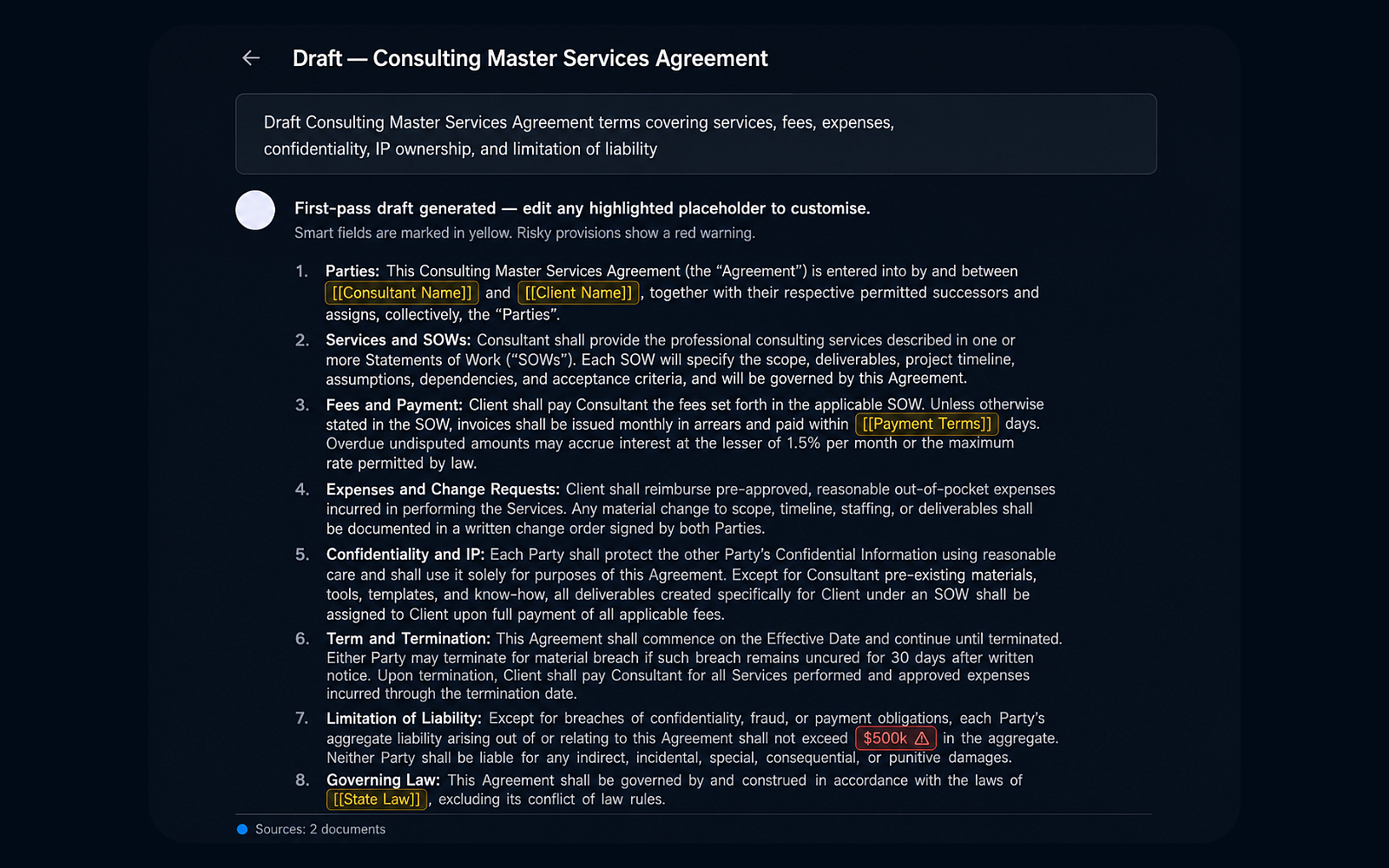 Eidmi sandbox screenshot showing a citation rail in the right margin of a draft - each cited case linked to a verified entry in the Open-Law catalog, with jurisdiction and decision date surfaced.