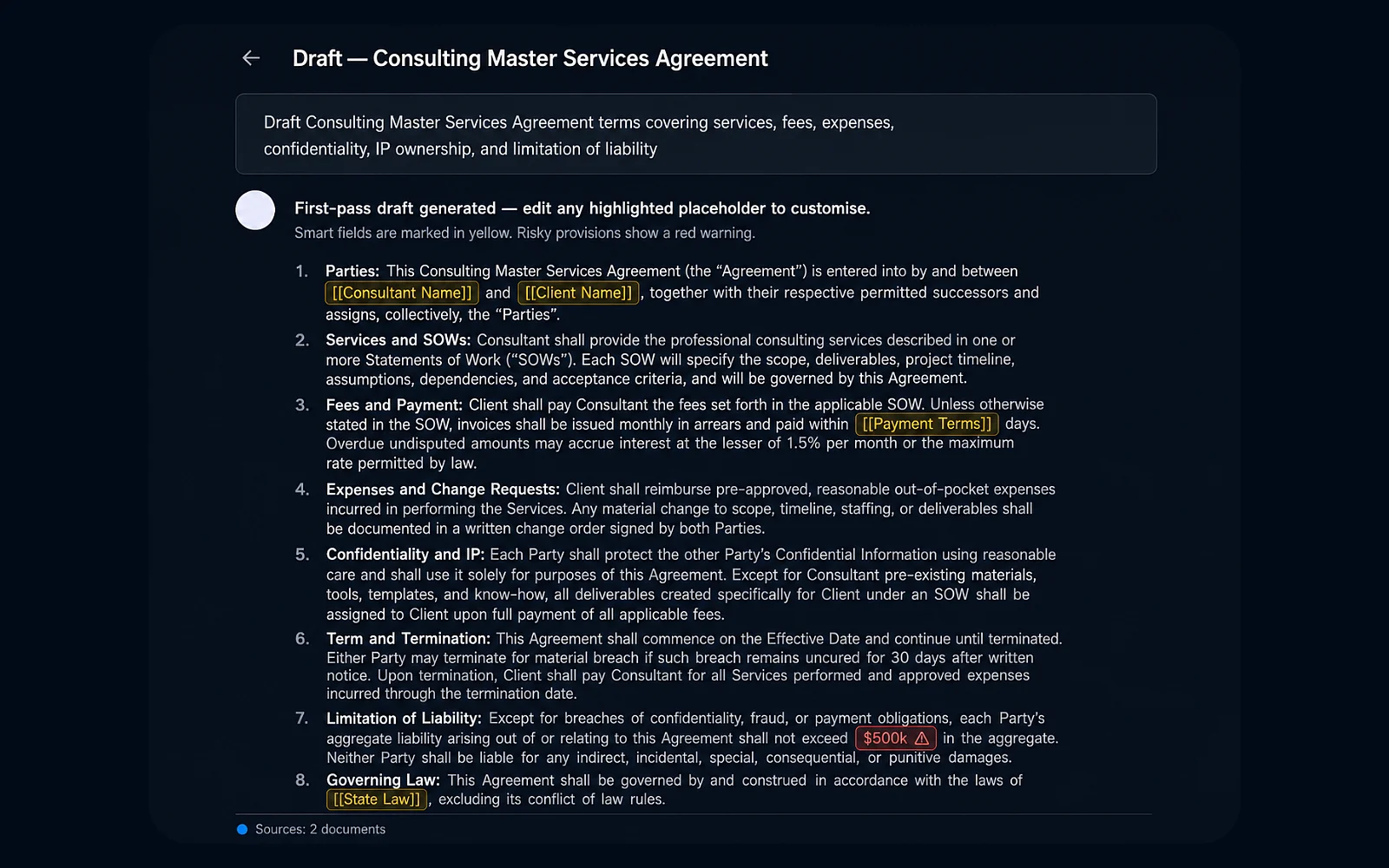 Eidmi sandbox screenshot showing a citation rail in the right margin of a draft - each cited case linked to a verified entry in the Open-Law catalog, with jurisdiction and decision date surfaced.