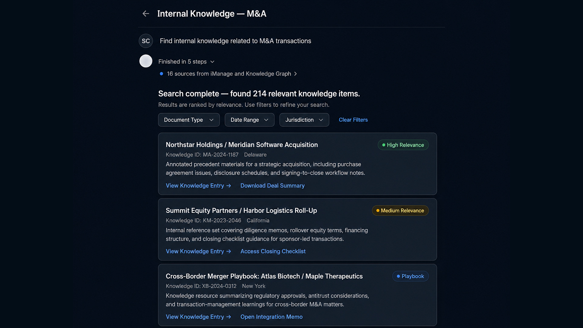 Eidmi sandbox screenshot showing the firm archive search interface - an associate asks for prior 1782 discovery petitions; the system returns four prior firm matters with the partner who handled each, court orders granted, and resulting depositions taken.