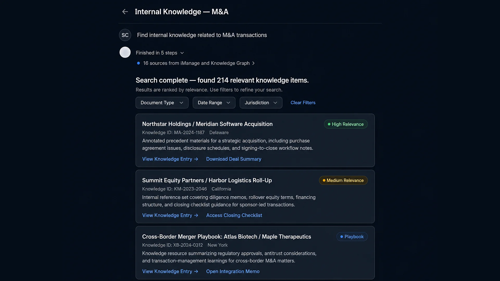 Eidmi sandbox screenshot showing the firm archive search interface - an associate asks for prior 1782 discovery petitions; the system returns four prior firm matters with the partner who handled each, court orders granted, and resulting depositions taken.