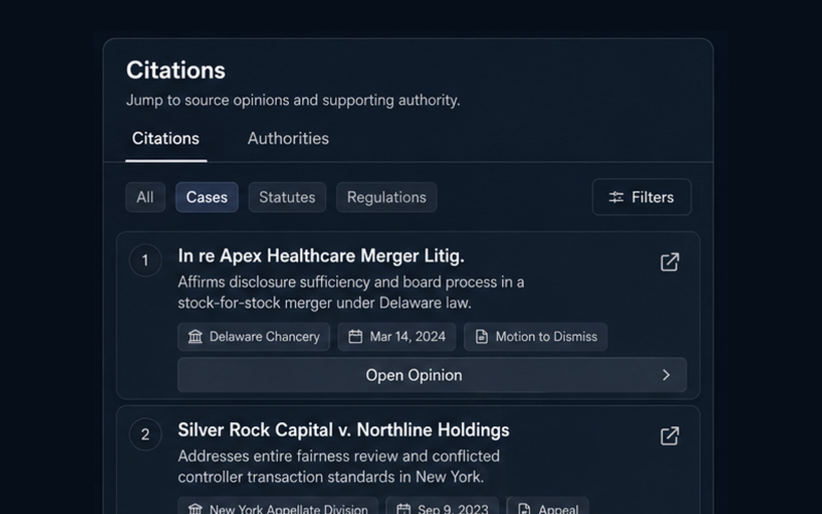 Eidmi screenshot showing a draft brief with citation rail - public case law citations sit alongside the firm's prior motion practice on the same issue, with judge-by-judge outcomes surfaced.