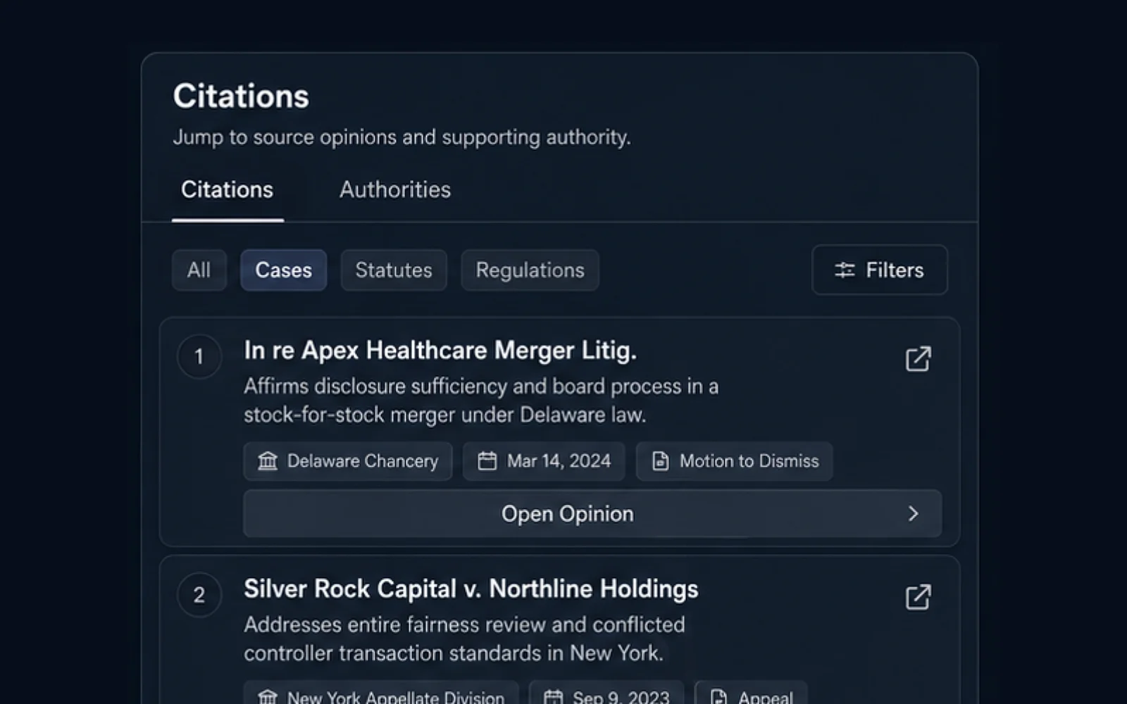Eidmi screenshot showing a draft brief with citation rail - public case law citations sit alongside the firm's prior motion practice on the same issue, with judge-by-judge outcomes surfaced.