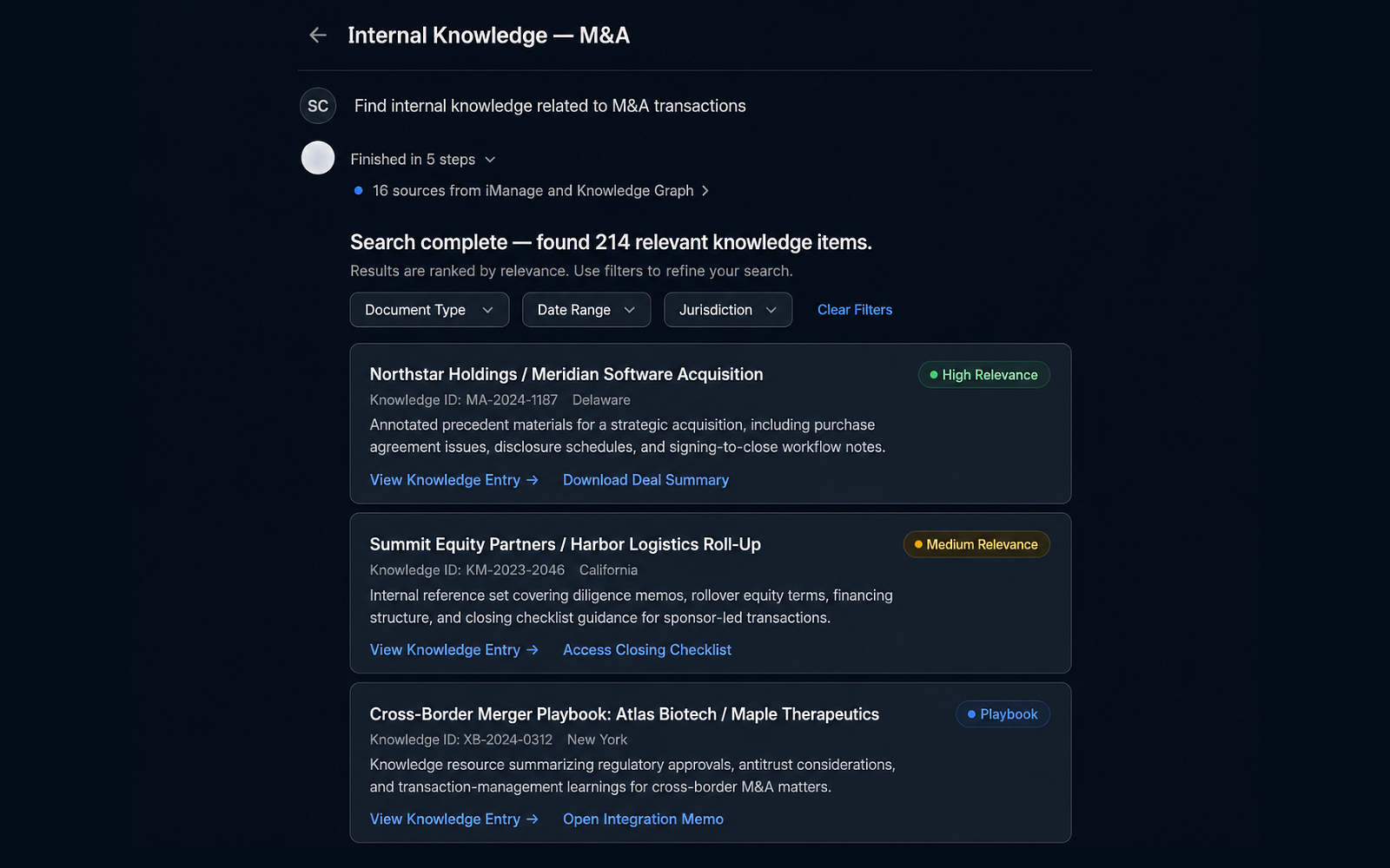 Eidmi screenshot showing new-matter onboarding - the model surfaces the 5-10 closest prior matters from the firm's archive when an associate starts a new file, cutting onboarding from days to minutes.