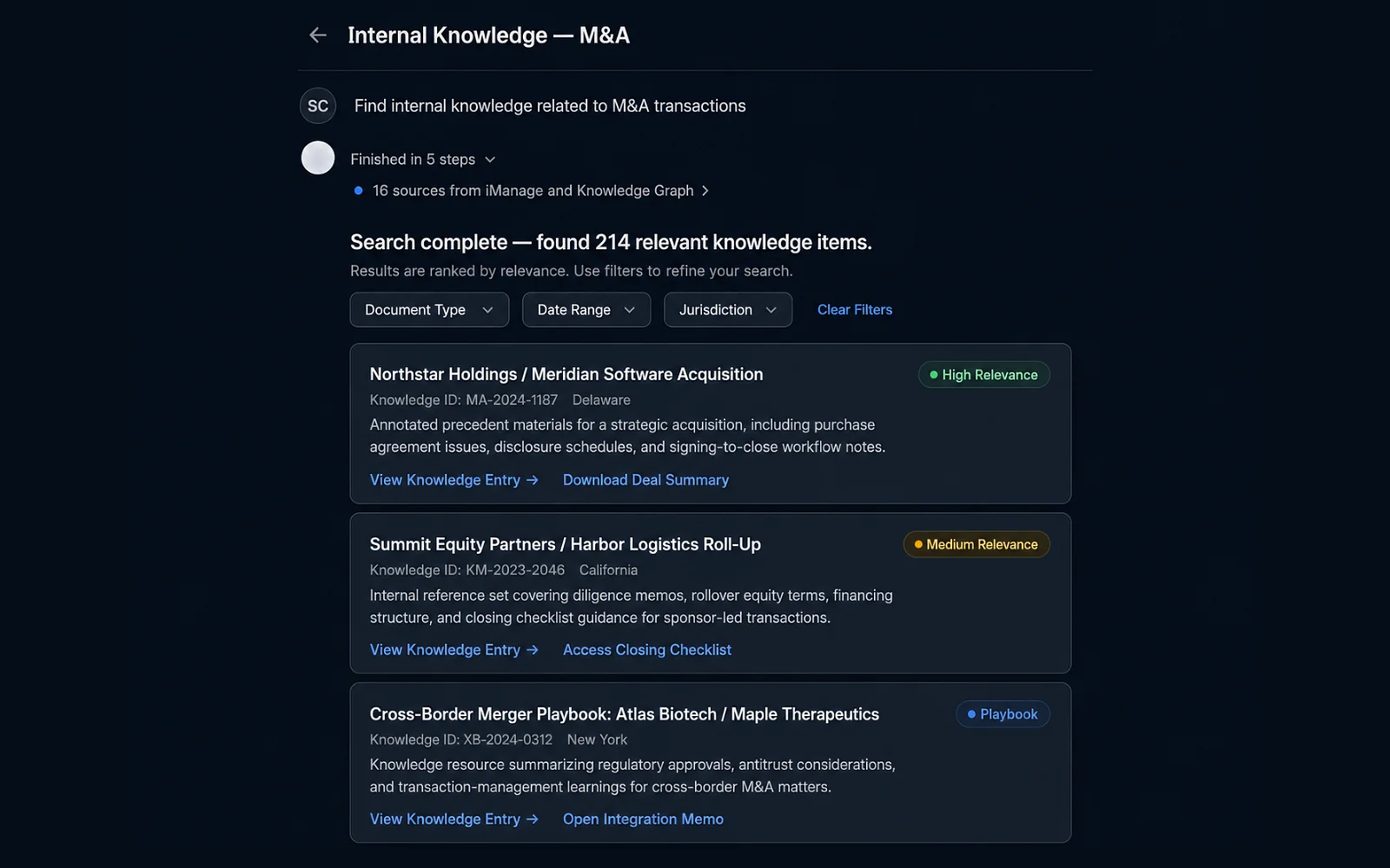 Eidmi screenshot showing new-matter onboarding - the model surfaces the 5-10 closest prior matters from the firm's archive when an associate starts a new file, cutting onboarding from days to minutes.