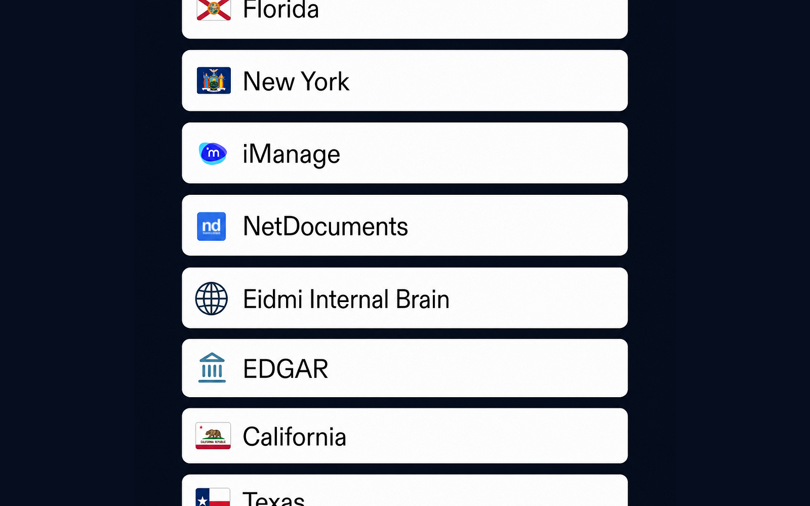 Eidmi screenshot showing the Open-Law Brain catalog browser - federal opinions, state appellate decisions, and statutory text indexed by citation, jurisdiction, and decision date.
