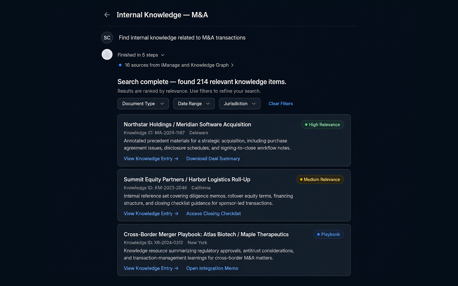 Eidmi screenshot showing the firm's prior briefs and memos integrated into the research index - the model surfaces both public case law and your own past arguments.