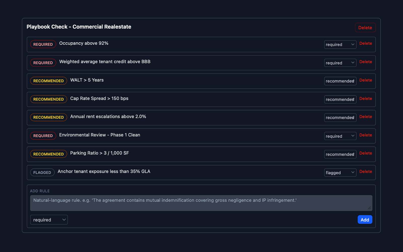 Eidmi screenshot showing a partner authoring a vendor-MSA playbook - rules entered for liability cap minimums, indemnification carve-outs, IP assignment language, and termination triggers. Each rule has a name, an explanation, and a severity weight.